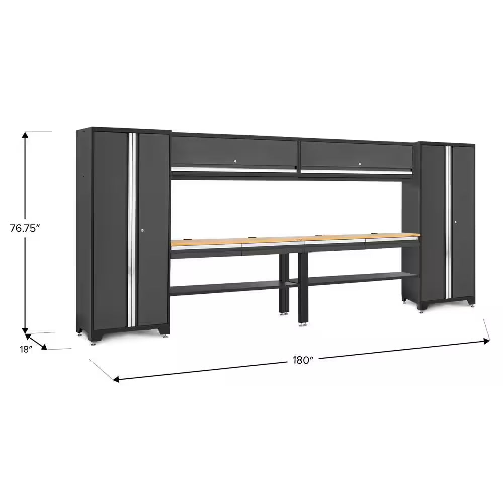 Bold Series 180" W X 76.75" H X 18" D Pre Assembled 24-Gauge Steel 8-Piece Garage Storage System in Gray, Bamboo Worktop